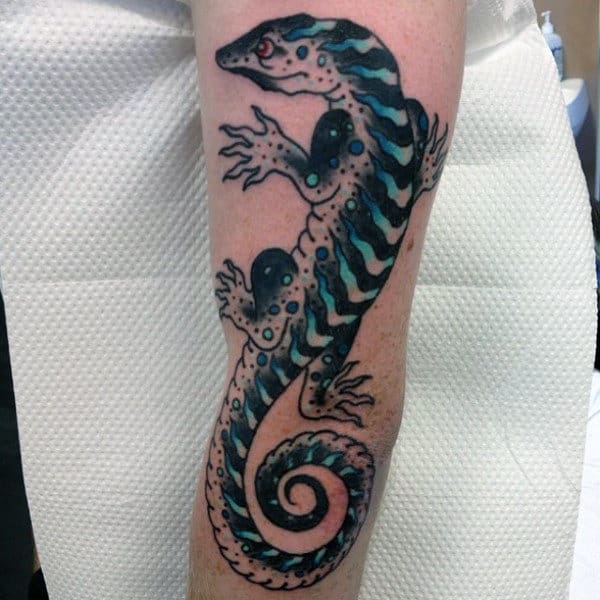 Guys Forearms Lizard With Cool Blue Patterns On Skin Tattoo