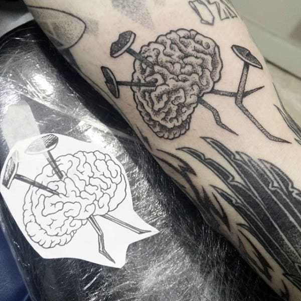 Guys Forearms Nails Inside Brain Tattoo