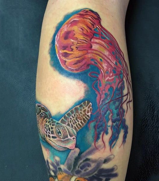 Guys Forearms Orange Jellyfish And Sea Creature Tattoo