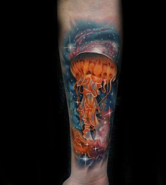 Guys Forearms Orange Jellyfish In Sparkling Sky Tattoo