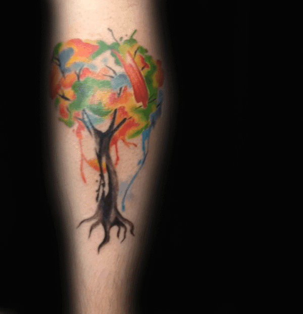 Guys Forearms Orange Watercolor Tree Tattoo