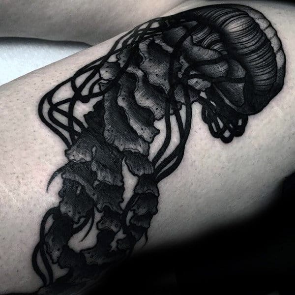 Guys Forearms Pitch Black Jellyfish Tattoo