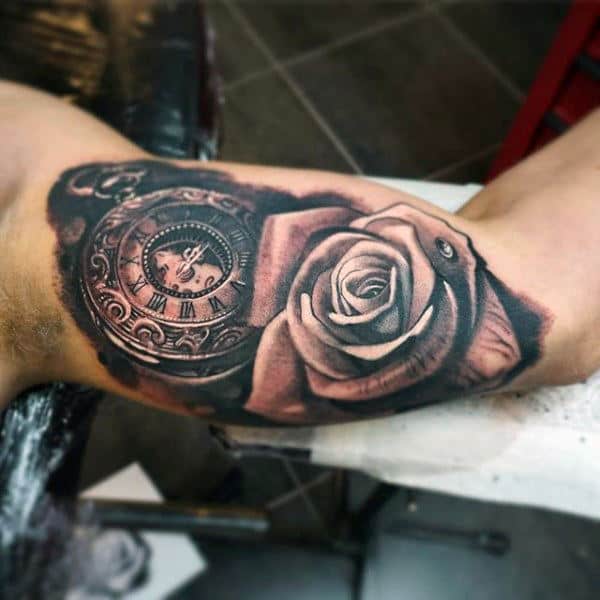 Guys Forearms Pocket Watch And Rose Tattoo