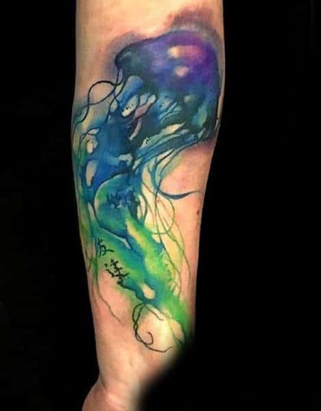 Guys Forearms Purple Green Jellyfish Tattoo
