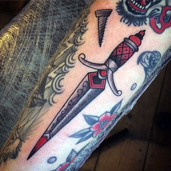Guys Forearms Red Grey Dagger Tattoo