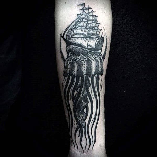 Guys Forearms Ship On Jellyfish Tattoo