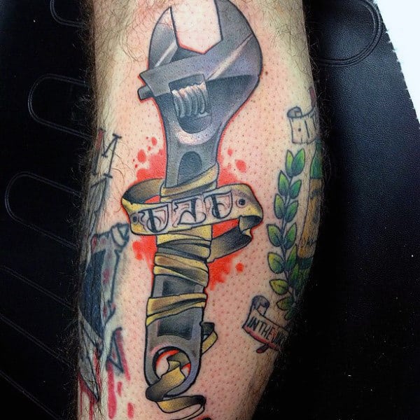 Guys Forearms Spanner And Dad Tattoo