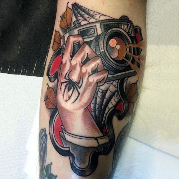 Guys Forearms Spider And Camera Tattoo