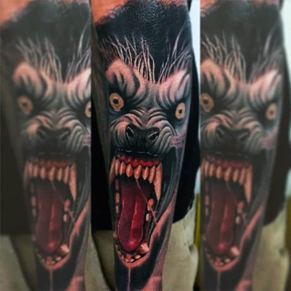 Guys Forearms Terrorizing Werwolf Tattoo