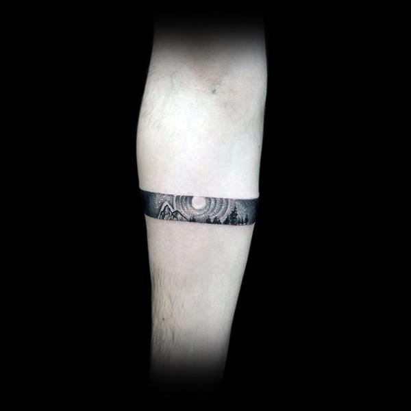 Guys Forearms Thin Ribbon Streak Of Dotwork Tattoo