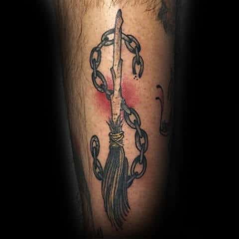 Guys Forearms Witches Broom And Chain Halloween Tattoo