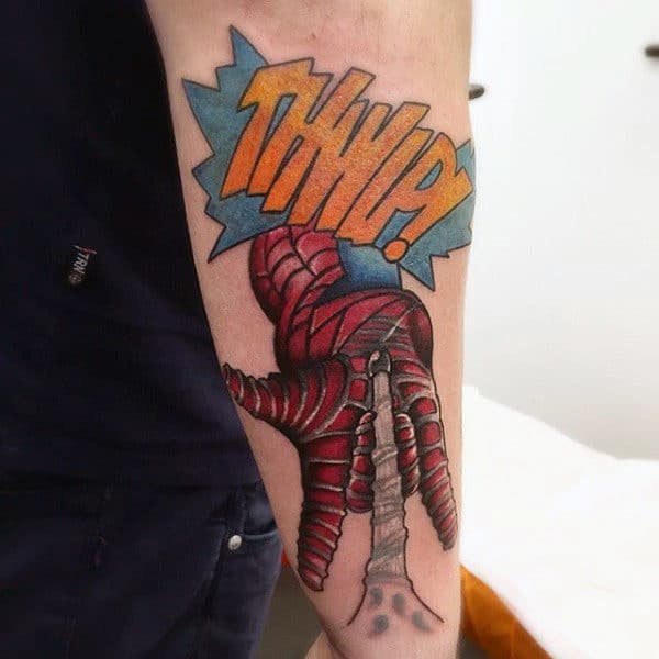Guys Forearsm Thump Spiderman Tattoo