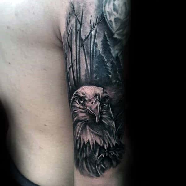 Guys Forest Bald Eagle Tattoo Half Sleeve
