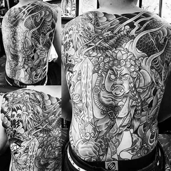 Guys Fudo Myoo Tattoo Designs On Back Of Body