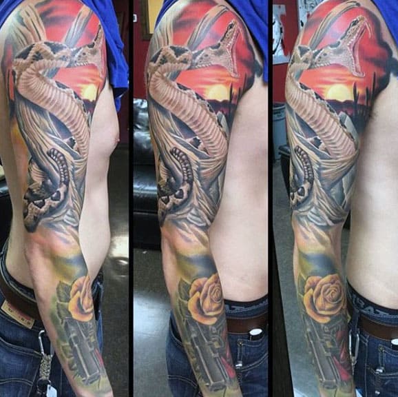 Guys Full Arm Sleeve Rattlesnake Tattoos