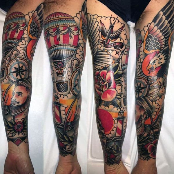 Guys Full Arm Sleeve Tattoo Of Traditional Nautical Lighthouse