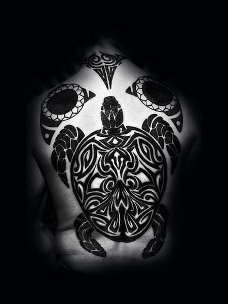 Guys Full Back Black Ink Amazing Tribal Turtle Tattoo Designs