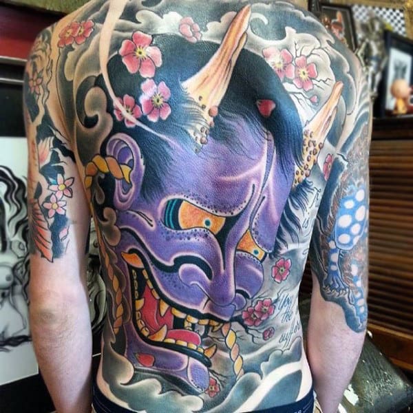 Guys Full Back Horned Purple Chinese Devil Tattoo
