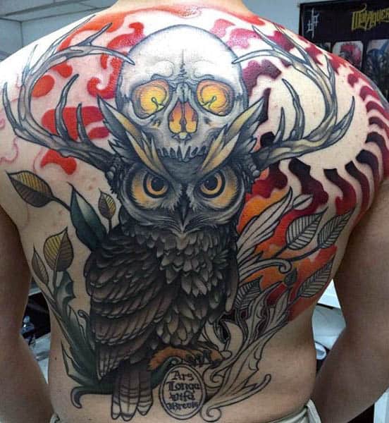Guys Full Back Owl And Hollow Eyed Skull Neo Traditional Tattoo