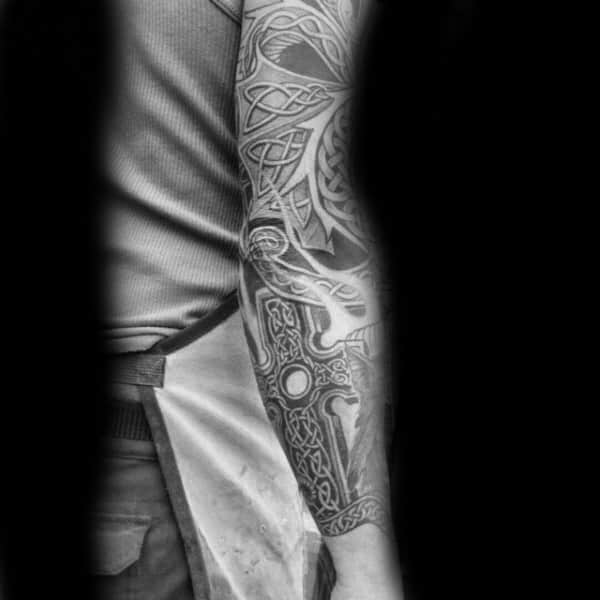 Guys Full Celtic Cross Tattoo Sleeve Design