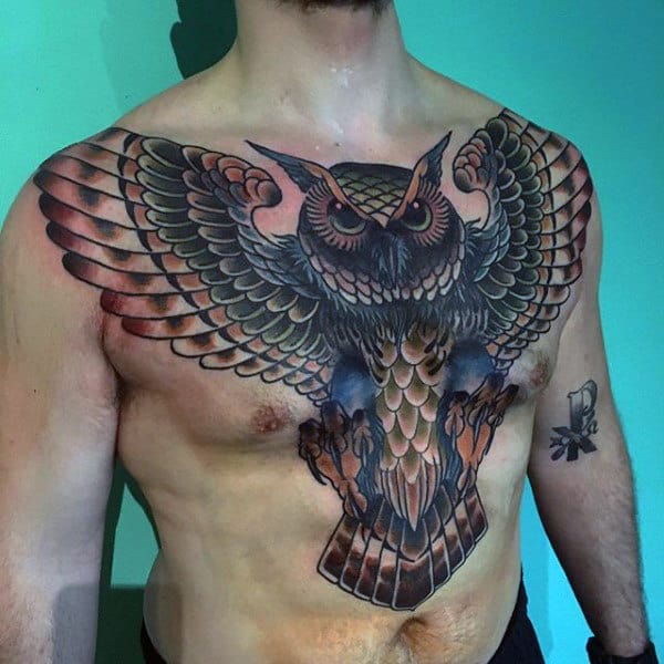 Guys Full Chest Traditional Owl Design Tattoos