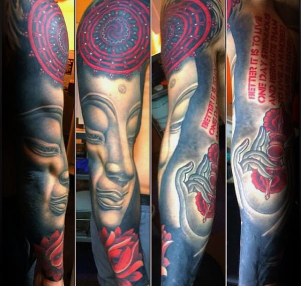 Guys Full Dharmachakra Buddha Sleeve Tattoo Designs