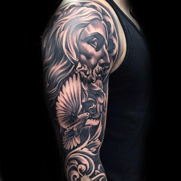 Guys Full Jesus Tattoo Sleeve With White Flying Dove Design