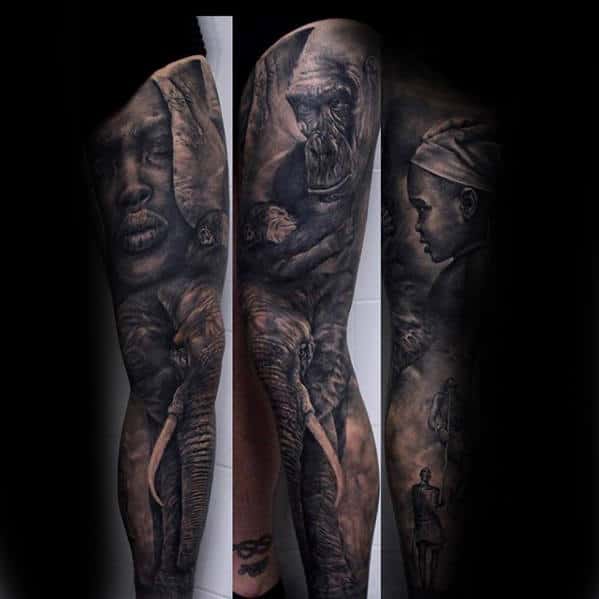 Guys Full Leg Sleeve Africa Themed Black And Grey Tattoo Designs