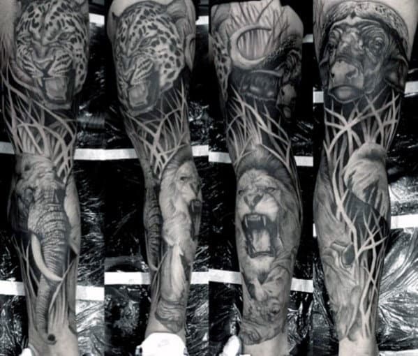 Guys Full Leg Sleeve Safari Lion Tattoo Design