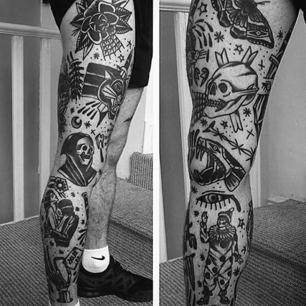 Tatuaje tradicional de calavera inquietante de piernas completas