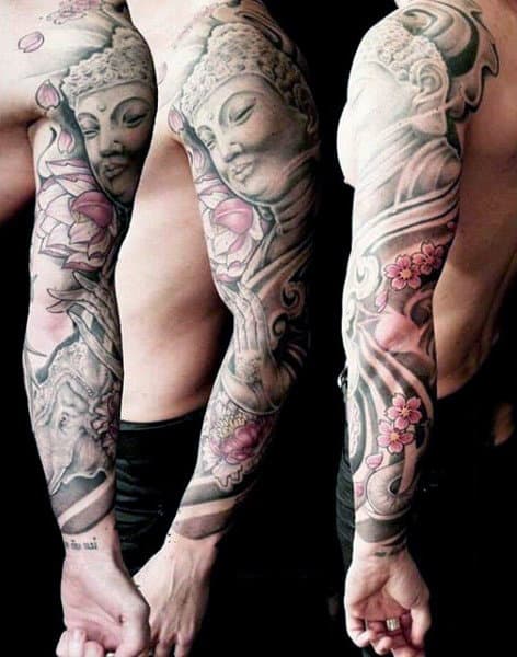 Guys Full Sleeve Buddha With Pink Flower Tattoo