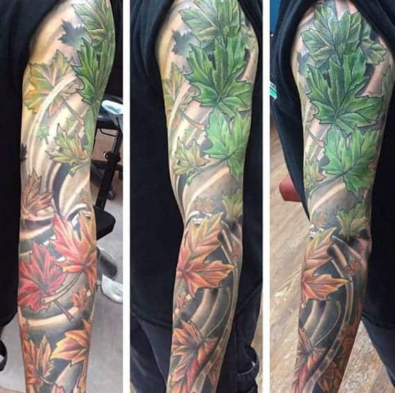 guys-full-sleeve-fall-maple-leaf-tattoo-design-ideas