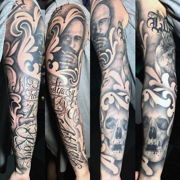 Guys Full Sleeve Filigree Tattoo Design With Skull