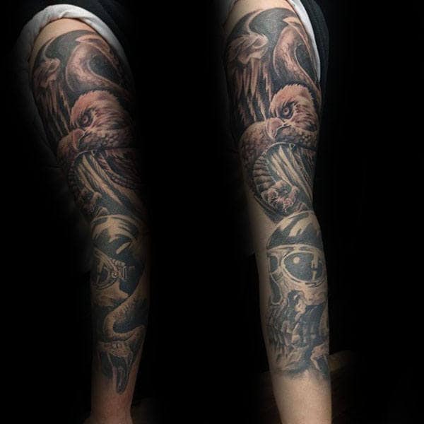 Guys Full Sleeve Rattlesnake And Skull Tattoo Designs
