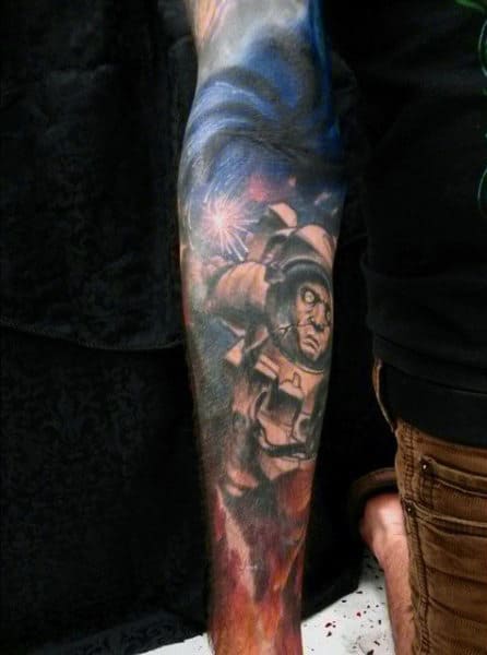 Guys Full Sleeve Sparkly Star And Astronaut Tattoo