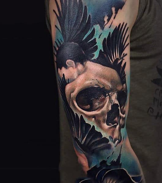 Guys Full Sleeve Unique Skull And Feather Realism Tattoo