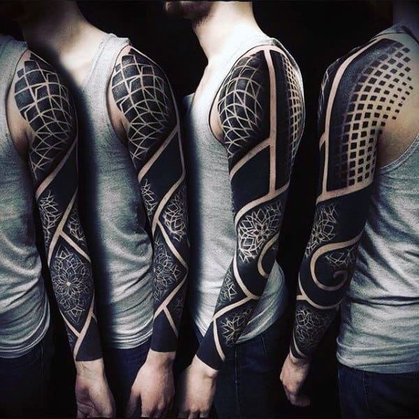 Guys Full Sleeves Black And White Mandala Design Tattoo
