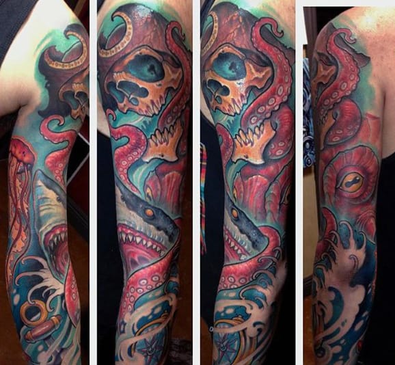 Guys Full Sleeves Skull Dragon And Jellyfish Tattoo