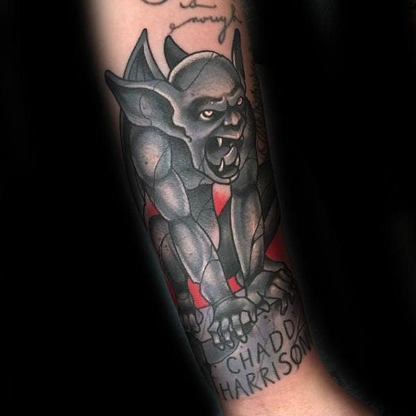 Guys Gargoyle Red And Grey Ink Stone Tattoos