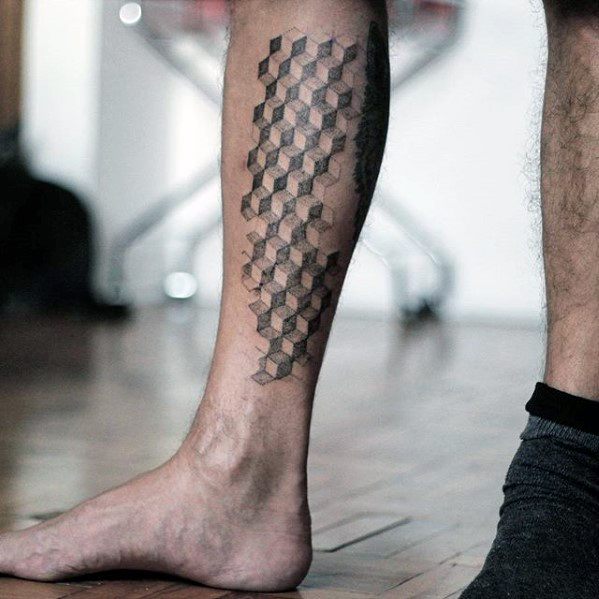 Guys Geometric Cube Shapes 3d Leg Tattoos