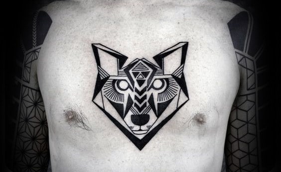 Guys Geometrical Black Ink Manly Wolf Chest Tattoos