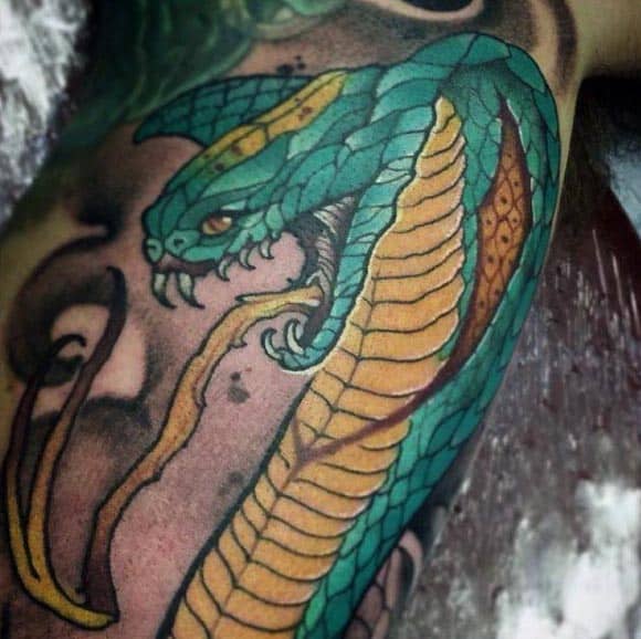Guys Green And Yellow Cobra Arm Tattoo