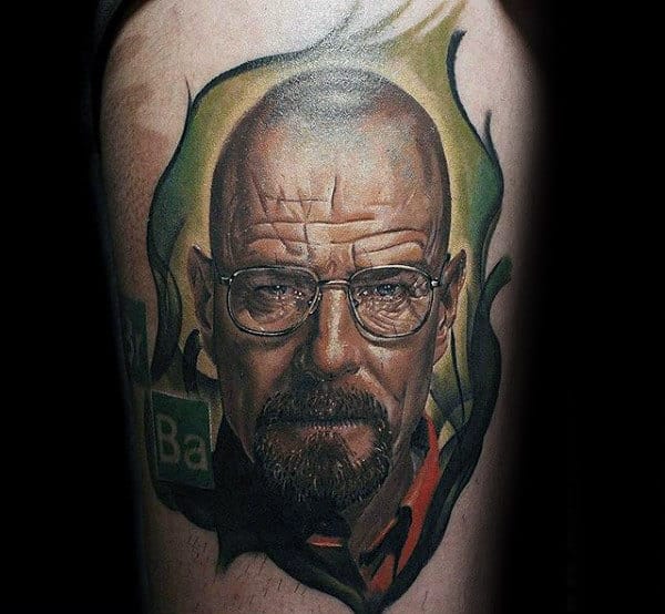 Guys Green Breaking Bad Tattoo Designs On Thigh