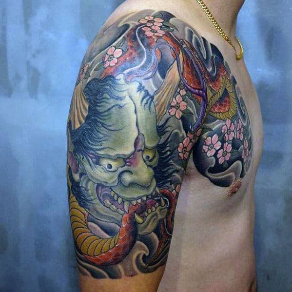 Guys Green Demon Mask Snake Half Sleeve Japanese Male Tattoos