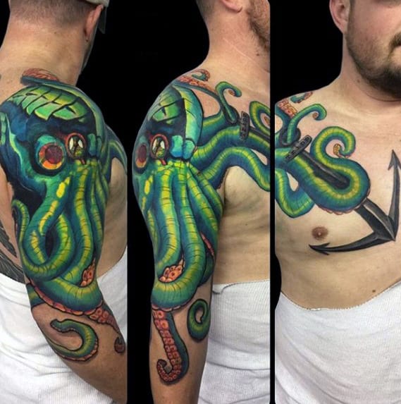 Guys Green Ink Octopus Anchor Arm And Shoulder Tattoo
