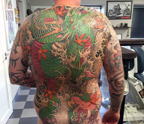 Guys Green Japanese Dragon Back Tattoos