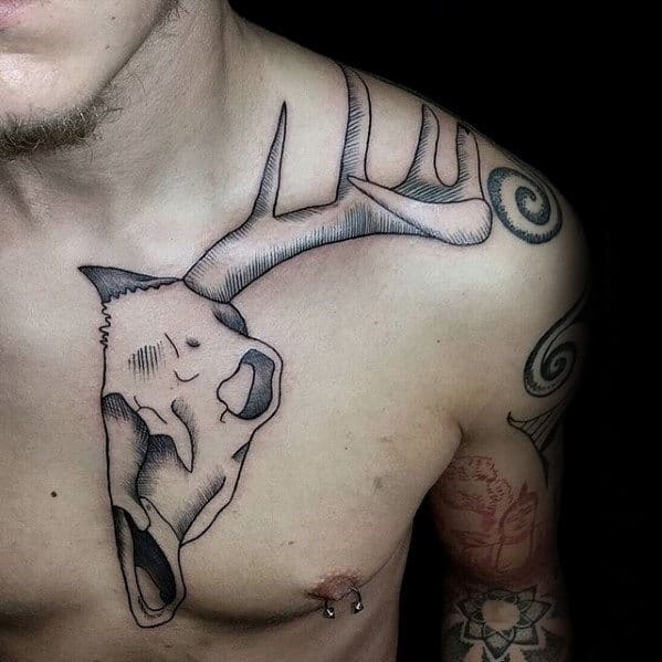 Guys Half Animal Skull Chest And Shoulder Tattoo