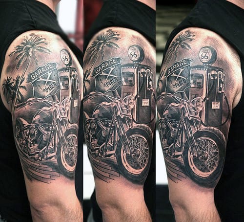 Guys Half Sleeve Biker Tattoo On Arm