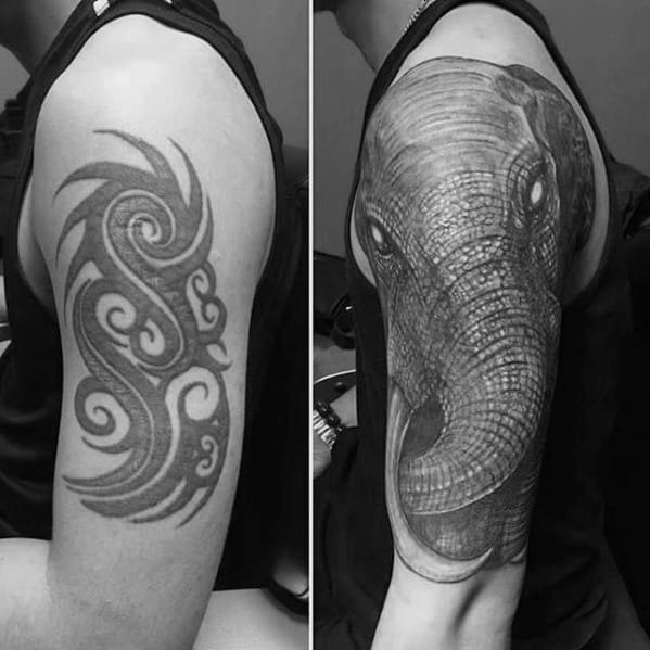 Guys Half Sleeve Elephant 3d Tattoo Cover Up Ideas