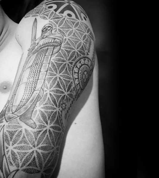 Guys Half Sleeve Flower Of Life Dotwork Tattoo Designs